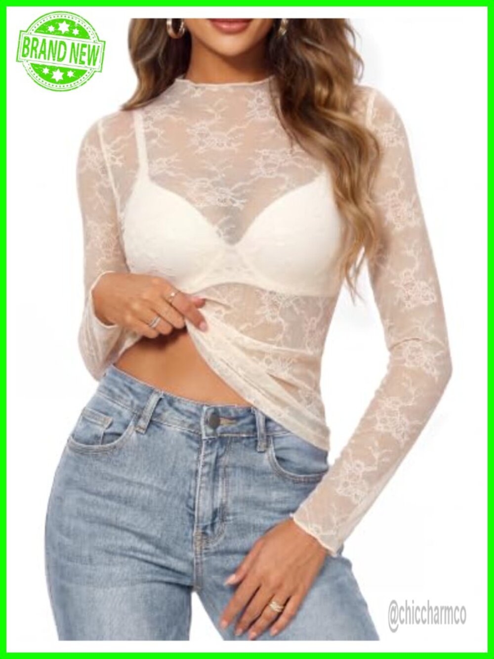 Mock Neck Sheer Lace Long Sleeve Blouse Top Pullover
